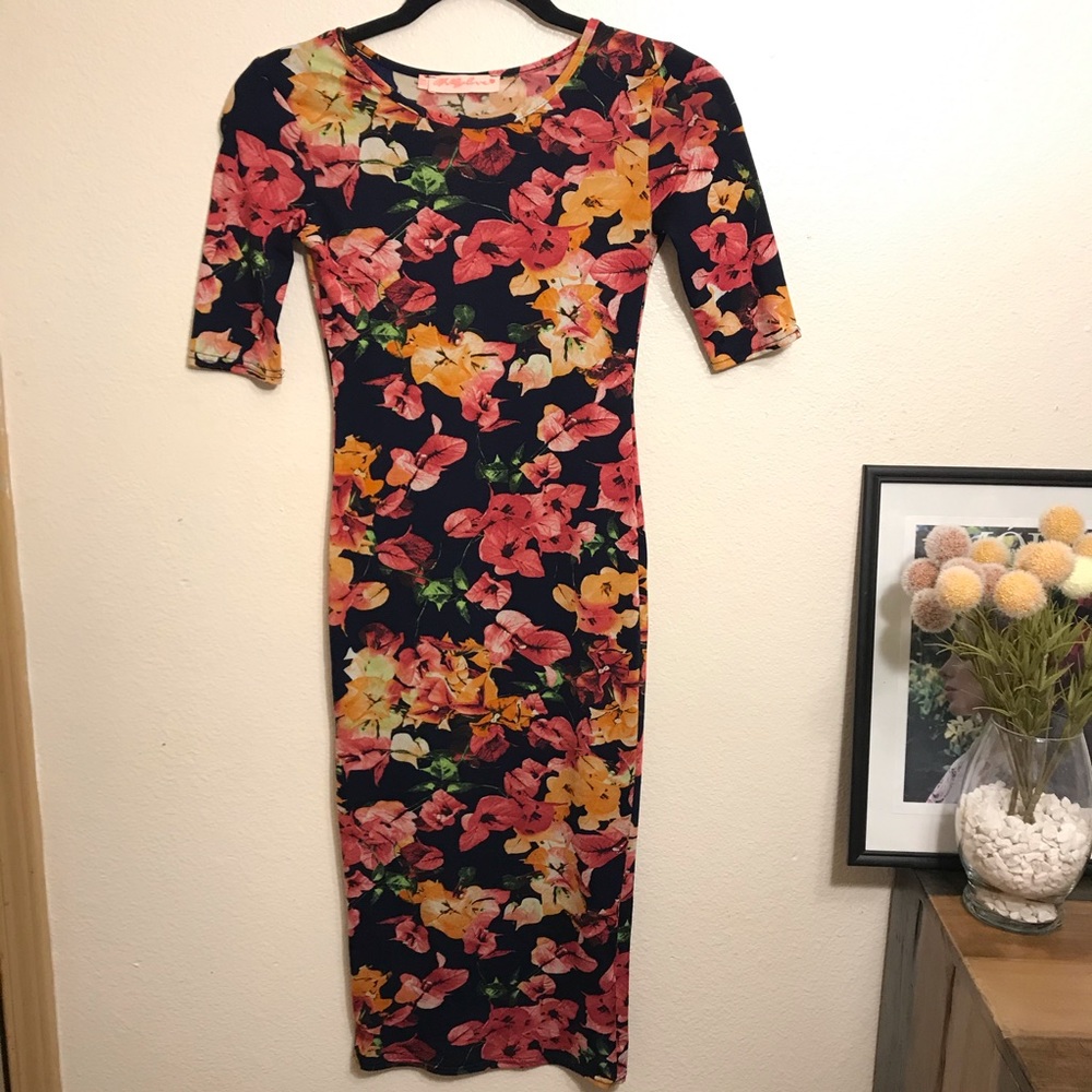 Oh My Love Floral Midi Bodycon Dress XS
